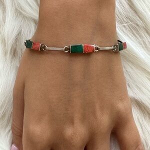 Navajo925 sterling Greens and Coral Inlay Sterling Link Bracelet